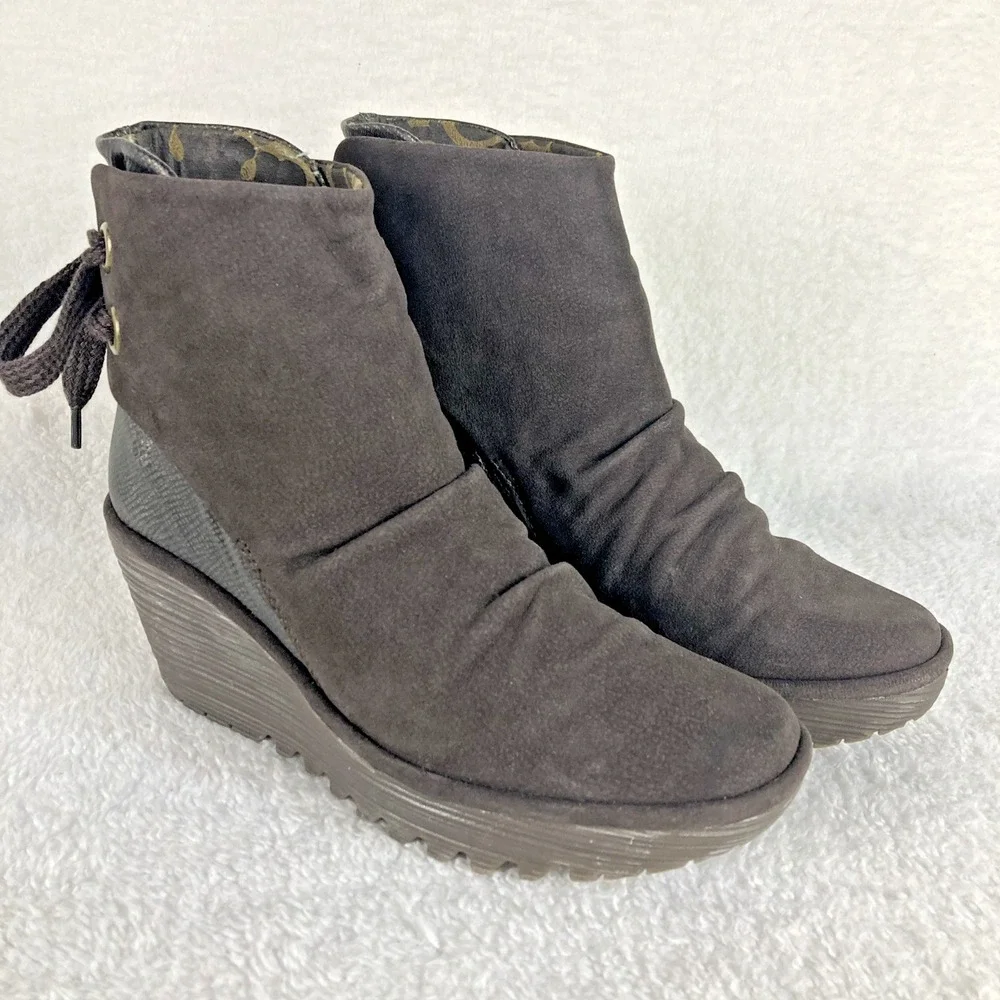 Fly London Yama Women's Suede Wedge Ankle Boots EU 37 US‎ 6.5-7  Gray Boho